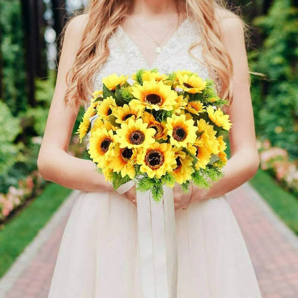 Künstlicher Sonnenblumenstrauß mit 7 Blütenköpfen – Realistische Dekoblumen für Zuhause Garten Hochzeit Café Geschäft & Partydekoration