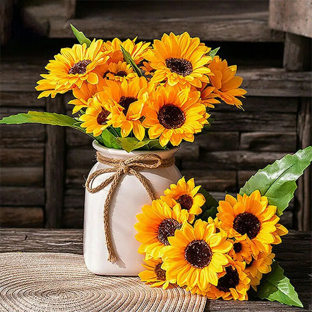 Künstlicher Sonnenblumenstrauß mit 7 Blütenköpfen – Realistische Dekoblumen für Zuhause Garten Hochzeit Café Geschäft & Partydekoration