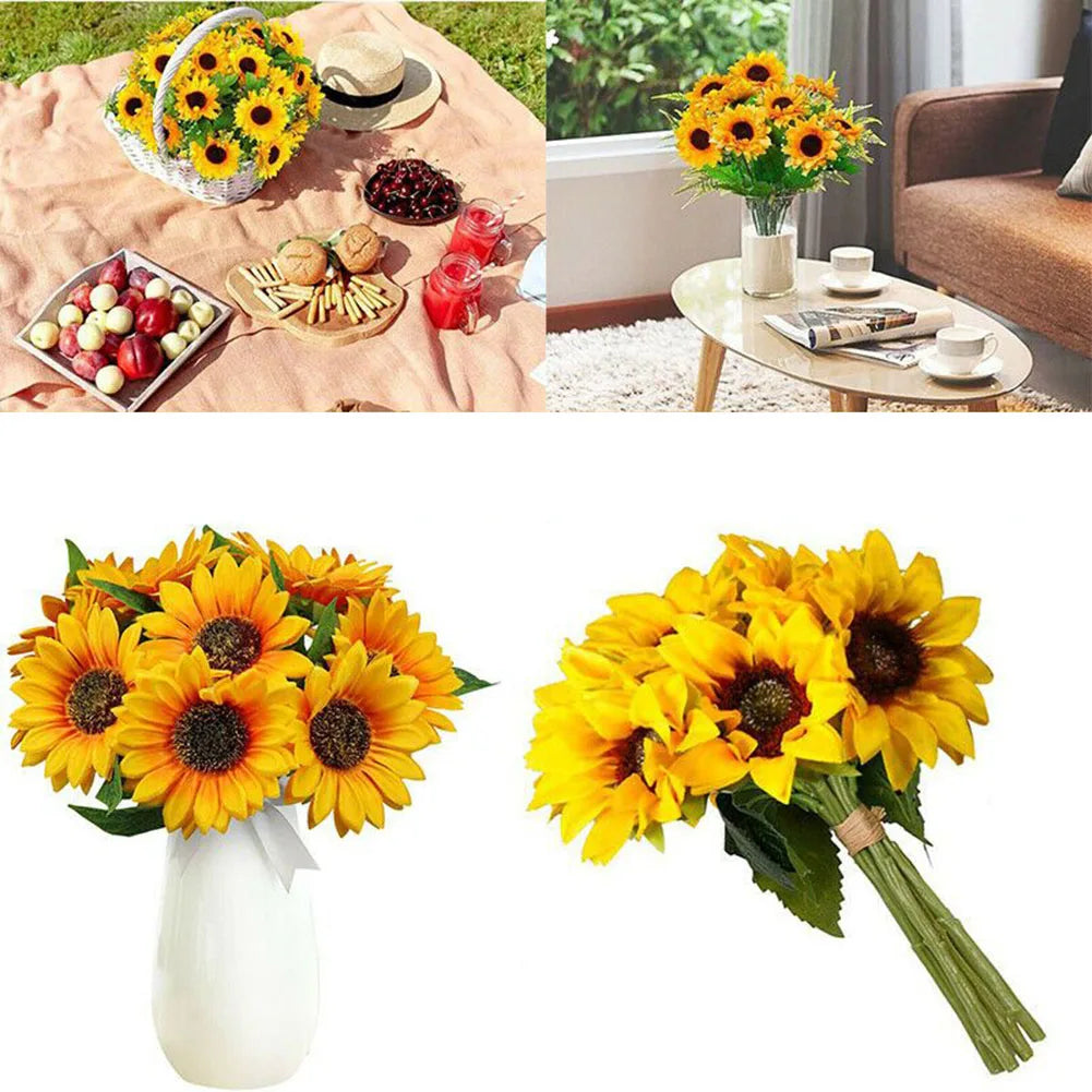 Künstlicher Sonnenblumenstrauß mit 7 Blütenköpfen – Realistische Dekoblumen für Zuhause Garten Hochzeit Café Geschäft & Partydekoration