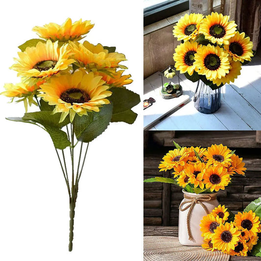 Künstlicher Sonnenblumenstrauß mit 7 Blütenköpfen – Realistische Dekoblumen für Zuhause Garten Hochzeit Café Geschäft & Partydekoration