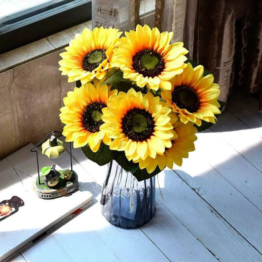 Künstlicher Sonnenblumenstrauß mit 7 Blütenköpfen – Realistische Dekoblumen für Zuhause Garten Hochzeit Café Geschäft & Partydekoration