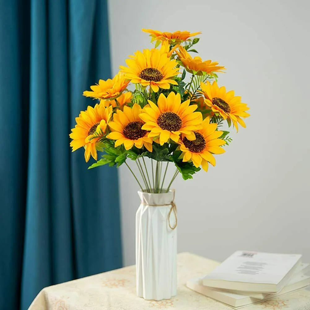 Künstlicher Sonnenblumenstrauß mit 7 Blütenköpfen – Realistische Dekoblumen für Zuhause Garten Hochzeit Café Geschäft & Partydekoration