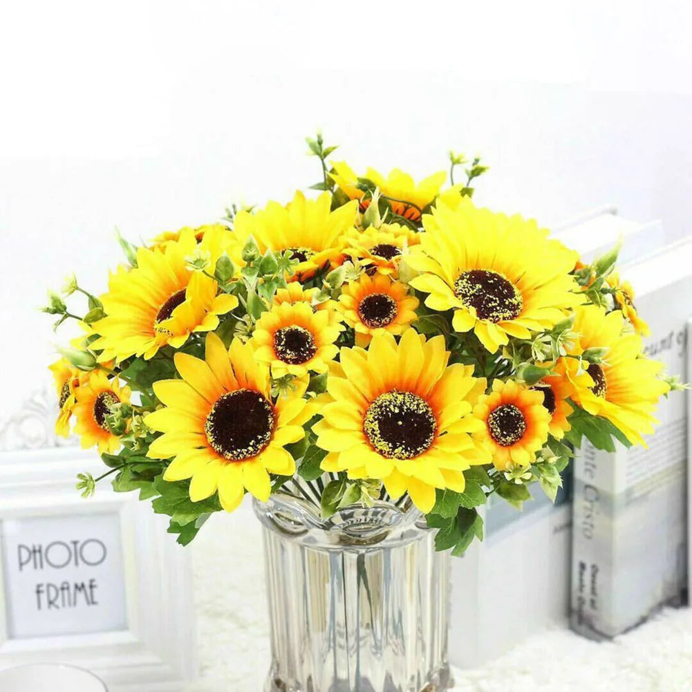Künstlicher Sonnenblumenstrauß mit 7 Blütenköpfen – Realistische Dekoblumen für Zuhause Garten Hochzeit Café Geschäft & Partydekoration